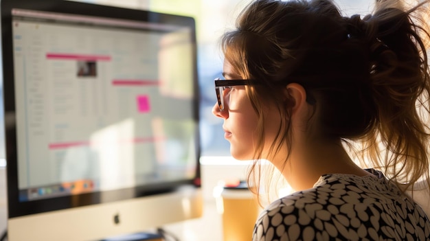 Une jeune femme se concentre sur le travail informatique dans un bureau lumineux.