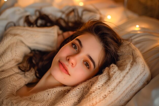 Une jeune femme se détend dans une atmosphère confortable avec des lumières chaudes et une confortable couverture de tricot