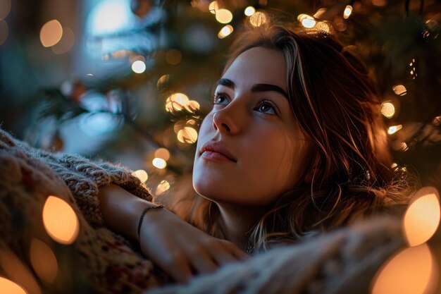 Une jeune femme se détend devant l'arbre de Noël.