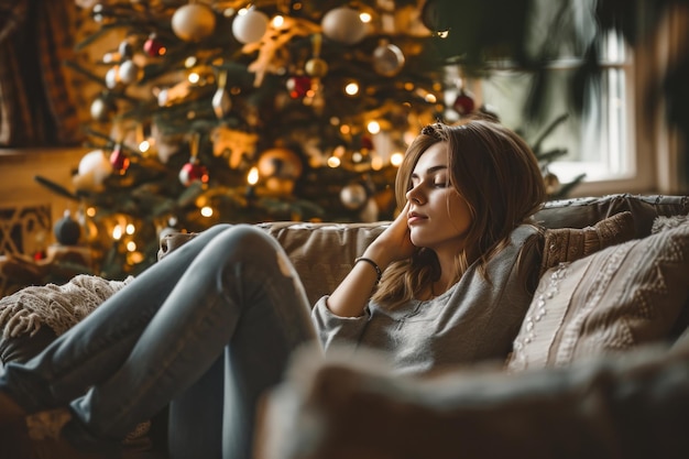 Une jeune femme se détend devant l'arbre de Noël