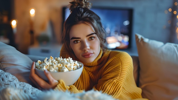 Une jeune femme se détend avec du pop-corn lors d'une soirée de cinéma confortable à la maison Portrait de style de vie décontracté dans des tons chauds Activité de loisirs confortable IA