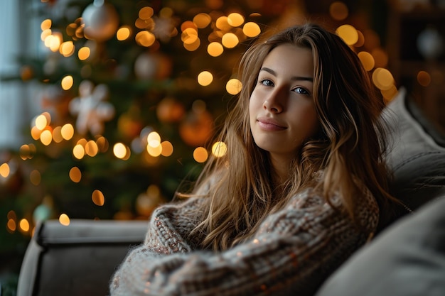jeune femme se détendant devant l'arbre de Noël