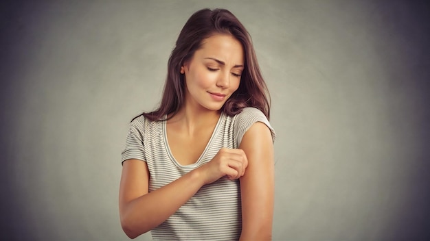 Photo une jeune femme se gratte le bras à cause de démangeaisons sur un fond gris