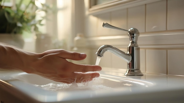 Jeune femme se lavant les mains avec du savon sur l'évier dans la salle de bain en gros plan