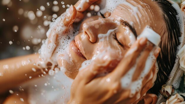 Photo une jeune femme se lave le visage avec de la mousse.