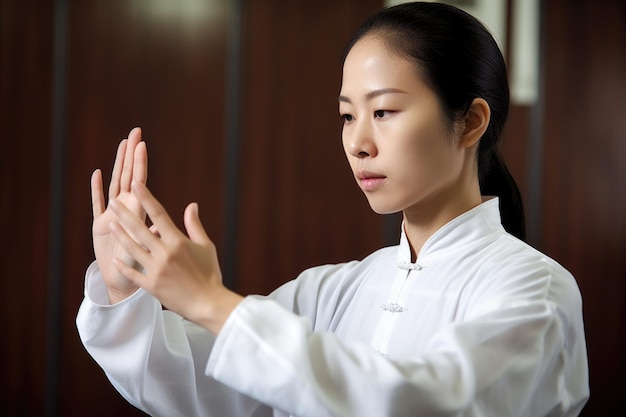 Une jeune femme se prépare à faire sa routine de tai-chi créée avec l'IA générative