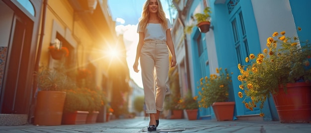 une jeune femme se promène dans la rue dans une image coupée portant un combinaison chic et des chaussures noires