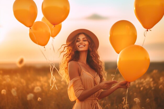 Une jeune femme se promène joyeusement sur le terrain parmi les ballons orange