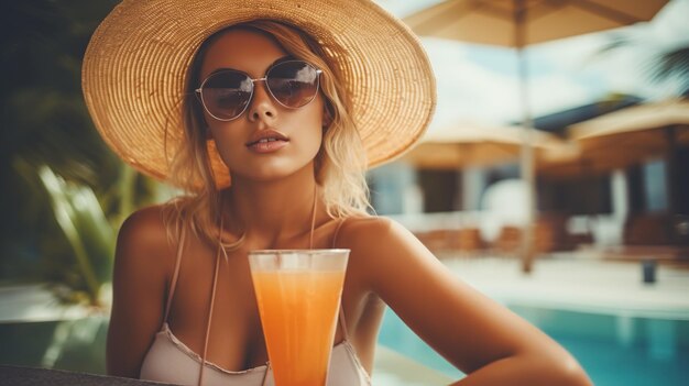 Jeune femme se rafraîchissant à la piscine avec un verre