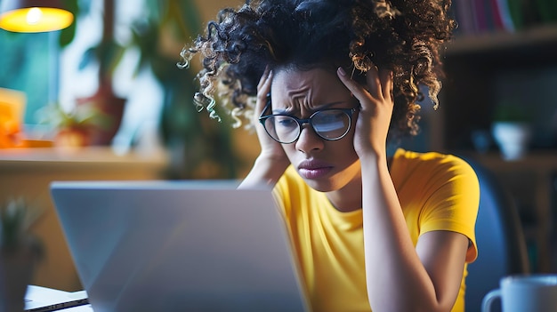 Une jeune femme se sent stressée travaillant tard sur un ordinateur portable Les défis du bureau à domicile capturés dans des détails vivants Un aperçu des luttes de l'IA indépendante