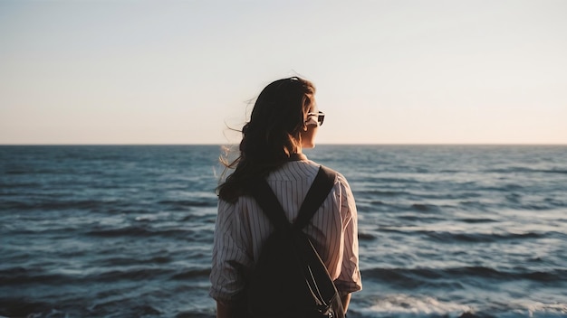 Une jeune femme se tient à l'arrière et regarde la mer.