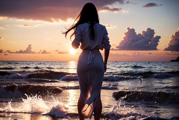 Photo une jeune femme se tient dans l'eau de mer contre le coucher du soleil dans une robe blanche mouillée. generative ai