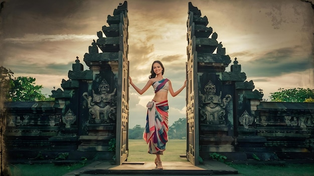 Photo une jeune femme se tient dans les portes du temple de lempuyang luhur à bali, en indonésie.