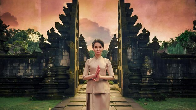 Une jeune femme se tient dans les portes du temple de Lempuyang Luhur à Bali, en Indonésie.