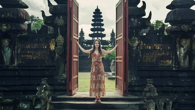 Une jeune femme se tient dans les portes du temple de Lempuyang Luhur à Bali, en Indonésie.