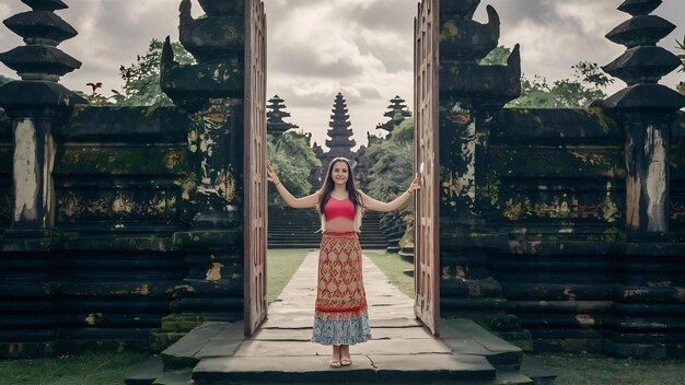 Photo une jeune femme se tient dans les portes du temple de lempuyang luhur à bali, en indonésie.