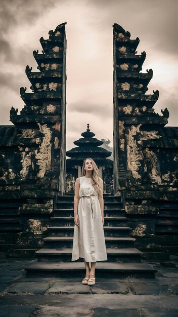 Photo une jeune femme se tient dans les portes du temple de lempuyang luhur à bali, en indonésie.