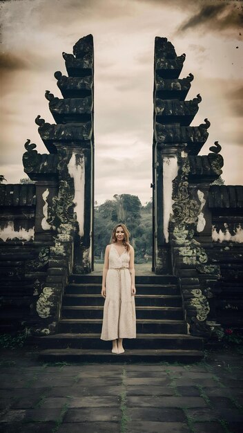 Photo une jeune femme se tient dans les portes du temple de lempuyang luhur à bali, en indonésie.