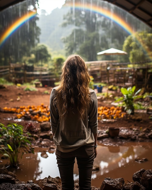 Une jeune femme se tient debout et regarde un arc-en-ciel sous la pluie