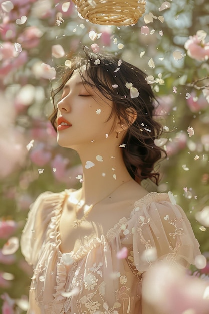 Photo une jeune femme sereine apprécie la saison des fleurs de cerisier des pétales roses qui tombent autour d'elle au soleil