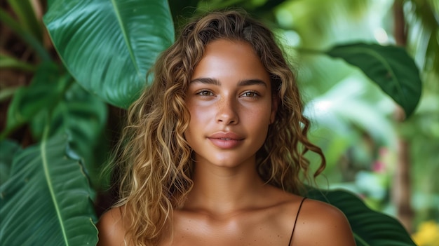 Une jeune femme sereine aux cheveux bouclés naturels dans un environnement tropical