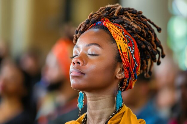 Une jeune femme sereine aux yeux fermés apprécie un moment de paix dans un vêtement traditionnel africain coloré