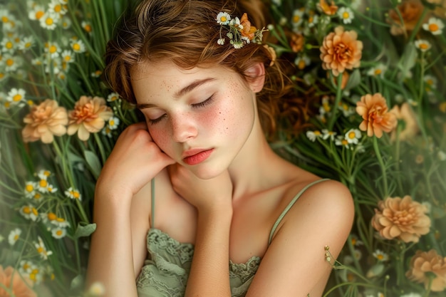 Une jeune femme sereine dormant paisiblement entourée de fleurs d'orange dans une prairie de rêve