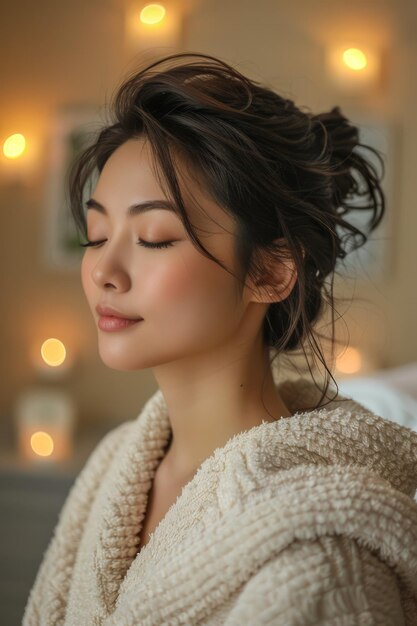 Photo une jeune femme sereine avec une élégante coiffure updo dans une lumière ambiante douce et une expression faciale paisible