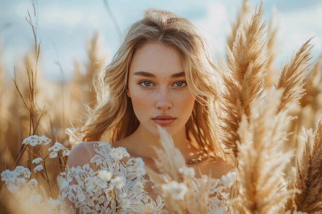 Une jeune femme sereine embrasse la nature entourée d'un champ de blé doré avec des fleurs blanches délicates