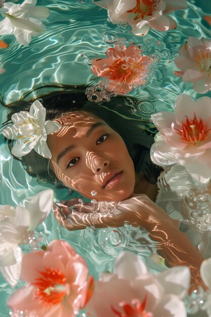 Photo jeune femme sereine flottant dans l'eau entourée de fleurs blanches portrait conceptuel artistique