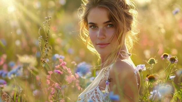 Une jeune femme sereine profitant de l'heure d'or dans une prairie en fleurs Concept de nature paisible