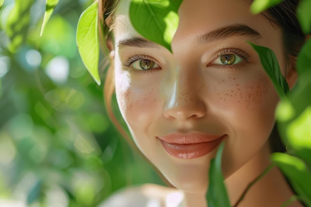 Photo jeune femme sereine souriante parmi les feuilles vertes luxuriantes à la lumière naturelle douce portrait de femme avec