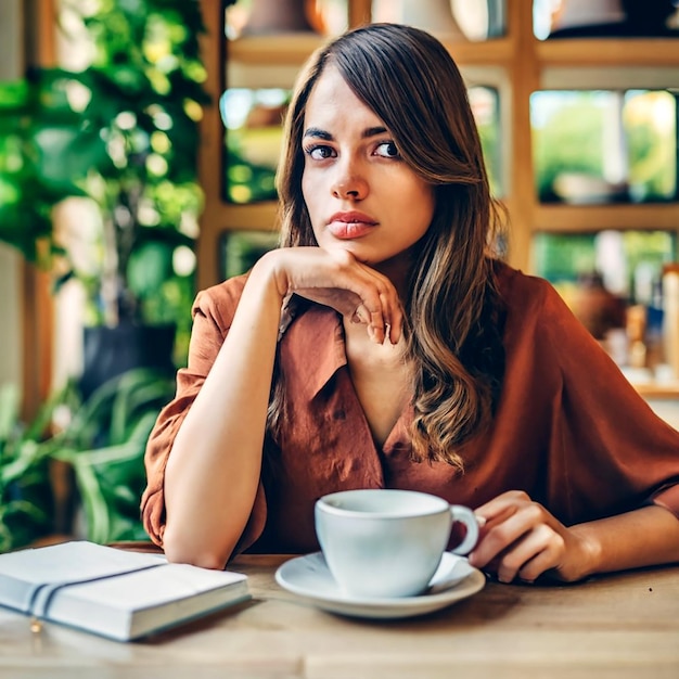 Photo une jeune femme sérieuse avec du café à l'intérieur dans un café regardant la caméra ai_generated