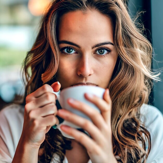 Une jeune femme sérieuse avec du café à l'intérieur dans un café regardant la caméra AI_Generated