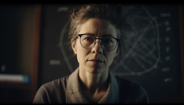 Jeune femme sérieuse à lunettes travaillant à l'intérieur générée par l'IA