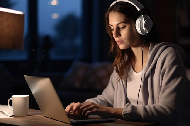 Jeune femme sérieuse portant des écouteurs lorsqu'elle regarde un documentaire sur un ordinateur portable