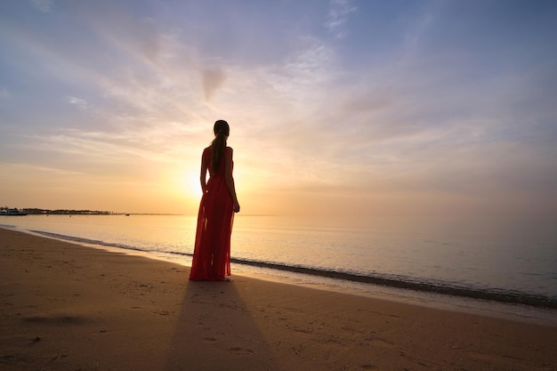 Jeune femme solitaire debout sur la plage de l'océan au bord de la mer, profitant d'une chaude soirée tropicale.