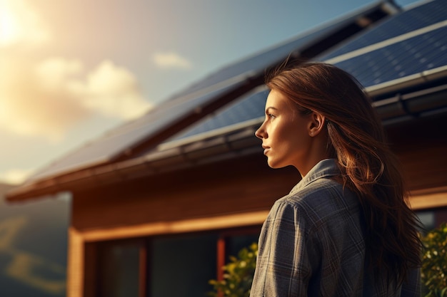 Une jeune femme soucieuse de l'environnement debout devant la maison avec les panneaux solaires sur le toit