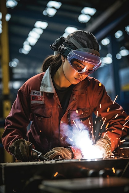 Jeune femme soudant en usine