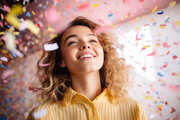 Jeune femme soufflant des confettis à la fête du Nouvel An