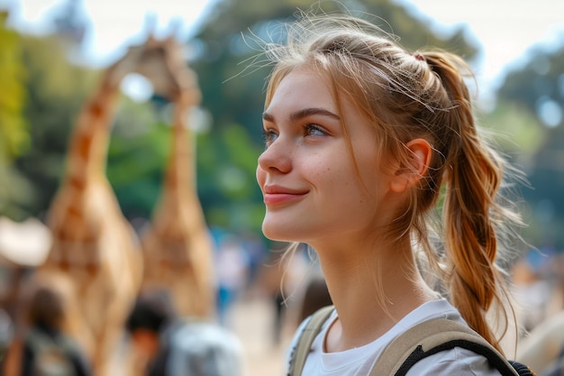 Une jeune femme souriant et regardant une girafe dans un zoo ensoleillé, profitant d'une belle journée en plein air