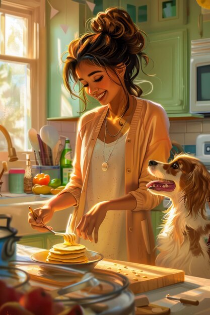 Photo une jeune femme souriante apprécie la cuisine dans une cuisine ensoleillée avec un chien enjoué
