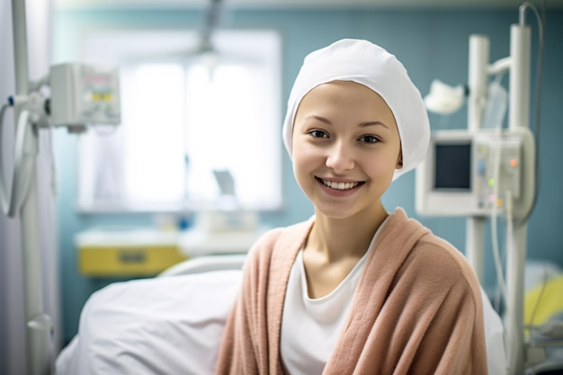 Une jeune femme souriante après un traitement de chimiothérapie dans une chambre d'hôpital