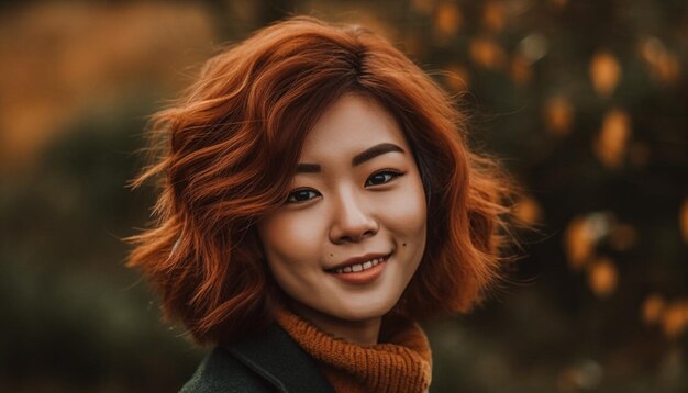 Une jeune femme souriante en automne, une forêt, une beauté de la nature générée par l'intelligence artificielle.