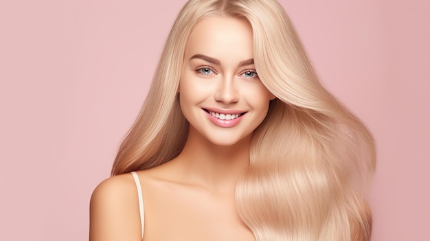 Jeune femme souriante aux cheveux blonds sur fond plat pastel avec espace de copie