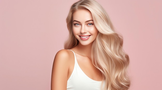 Jeune femme souriante aux cheveux blonds sur fond plat pastel avec espace de copie