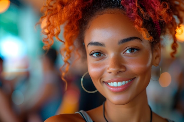 Une jeune femme souriante aux cheveux bouclés rouges brillants apprécie un rassemblement social dans un cadre décontracté