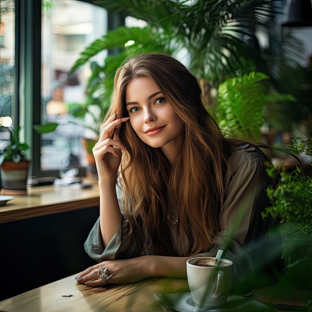 une jeune femme souriante aux cheveux longs, assise avec une tasse de café et un journal dans les mains dans un café verdoyant