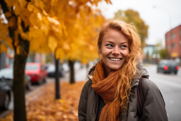 jeune femme souriante aux cheveux rouges debout dans la rue avec des arbres d'automne en arrière-plan