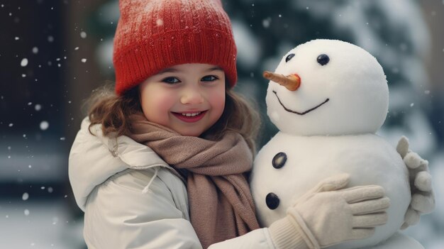 Jeune femme souriante avec bonhomme de neige sur Noël blanc dans la neige d'hiver